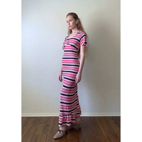 vintage 70s chevron stripe flutter sleeve maxi dress xxs - Picture 6 of 9
